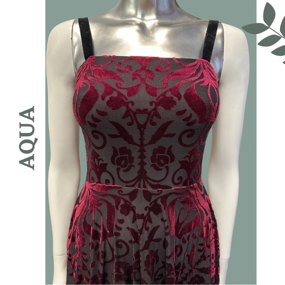 Aqua Burnout Velvet Baroque Burgundy Black High Low Lined Dress Stretch Small - Picture 7 of 11